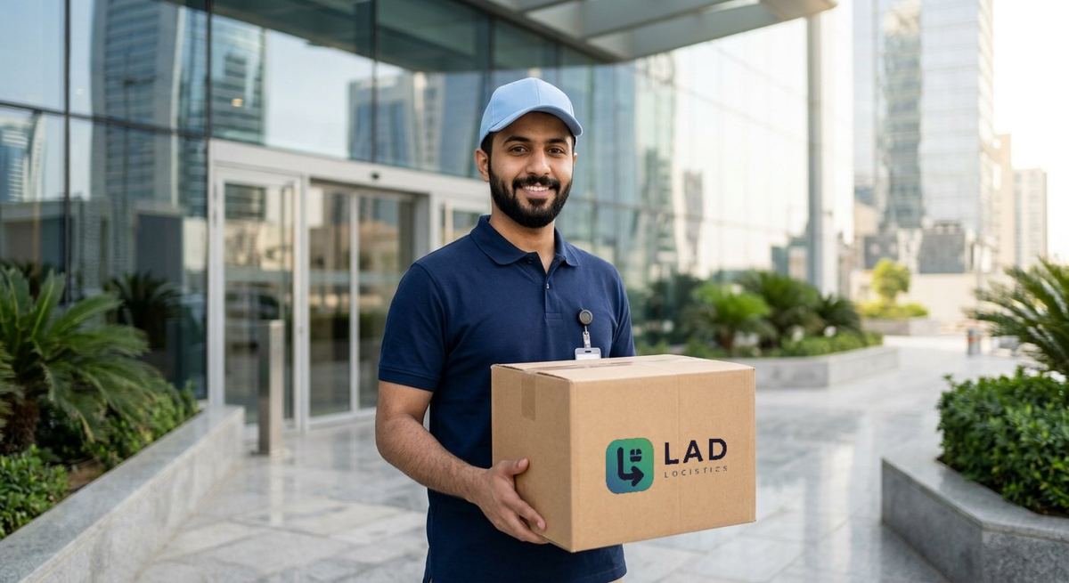 مندوب توصيل من LAD يحمل شحنة أمام مبنى تجاري