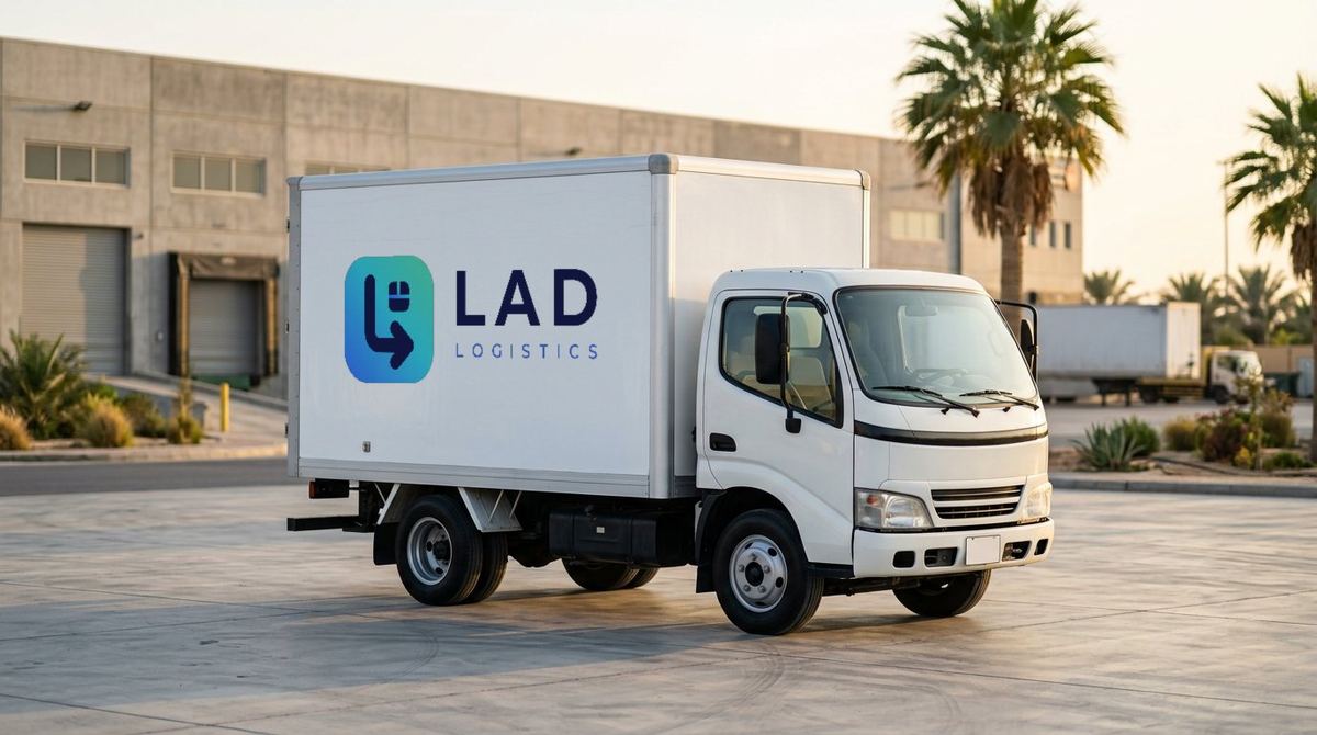 شاحنة دينا من أسطول LAD أمام مستودع