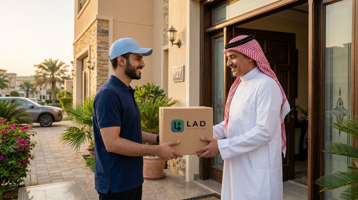 مندوب LAD يسلّم شحنة لعميل عند باب منزله